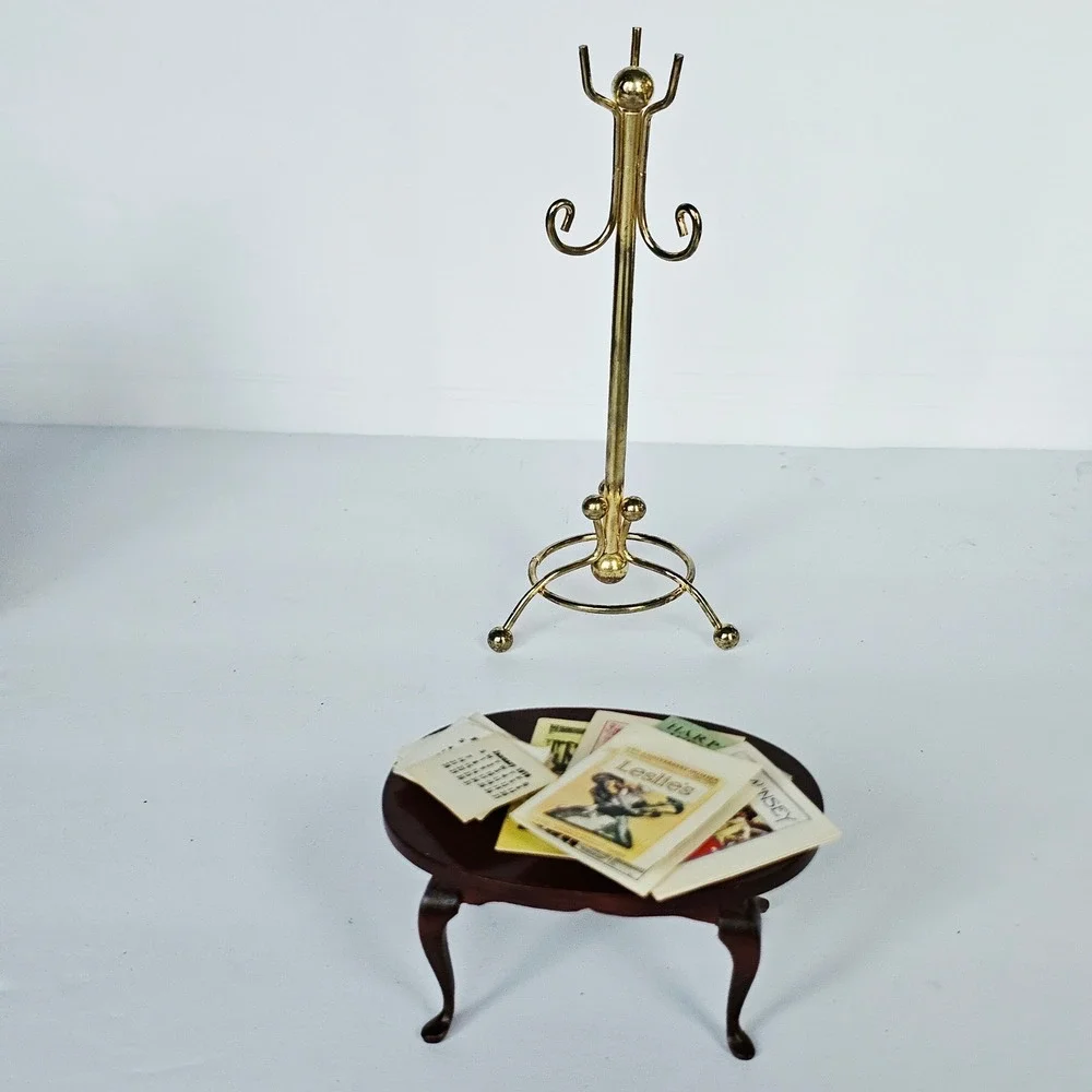 Vtg Dollhouse Furniture Set Table Coat Rack Magazines 1979 Calendar Victorian